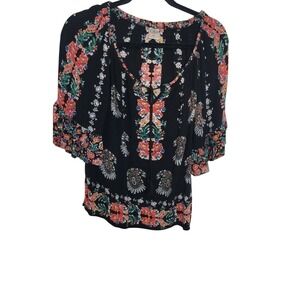 Boho Floral Print Peasant Blouse By Bila M Black Short Sleeves Ruffle Hem Lightw